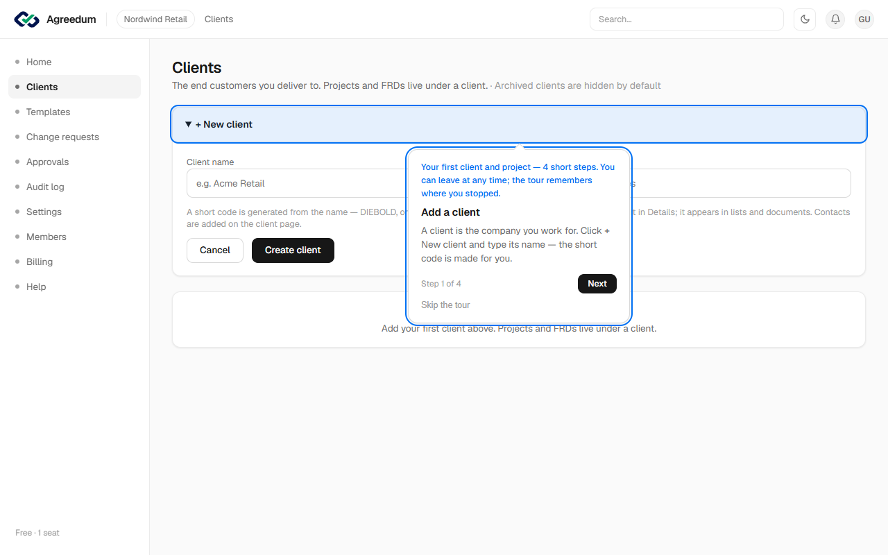 Your first client and project